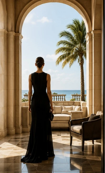 Luxury hotel guest overlooking a resort terrace